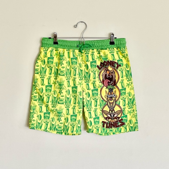 Looney Tunes Tiki Taz Bugs Daffy Graphic Yellow Green Swim Trunks Men’s Medium - Picture 2 of 12